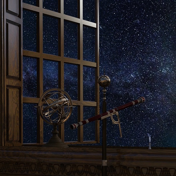 fenêtre ouverte sur un ciel étoilé avec des instruments astrologiques
