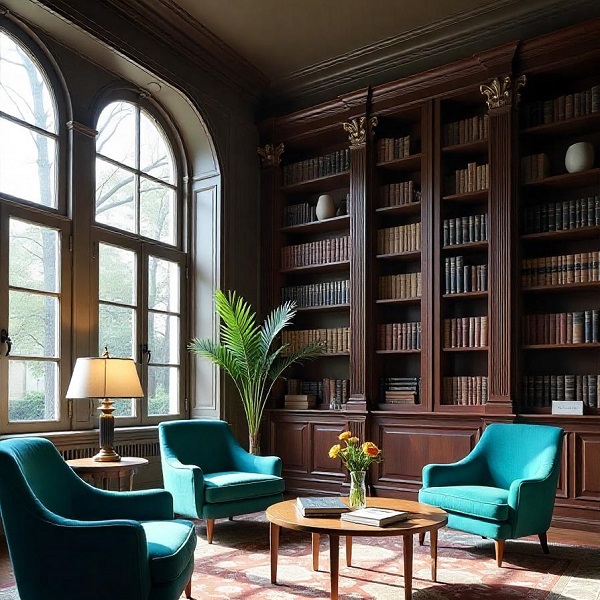 un salon de lecture dans une bibliothèque
